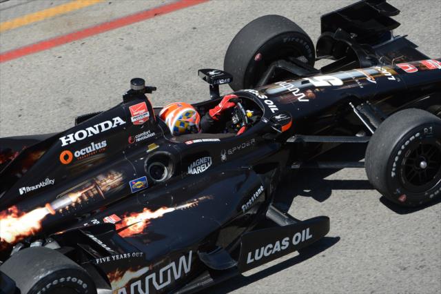 James Hinchcliffe streaks toward Turn 5 during practice for the Toyota Grand Prix of Long Beach -- Photo by: Chris Owens