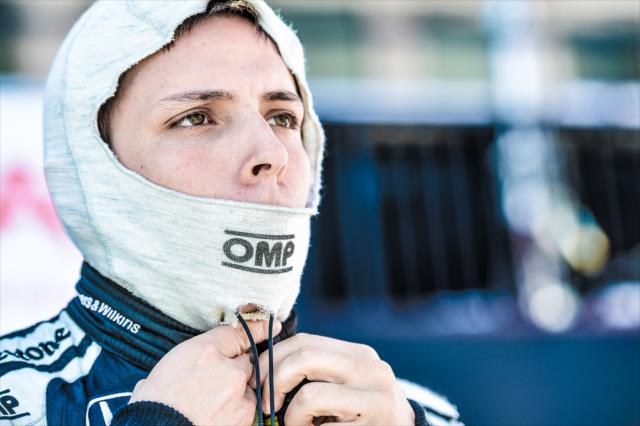 Gabby Chaves adjusts his balaclava prior to practice for the Toyota Grand Prix of Long Beach -- Photo by: Chris Owens