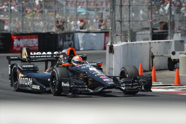 James Hinchcliffe exits Turn 10 during practice for the Toyota Grand Prix of Long Beach -- Photo by: John Cote