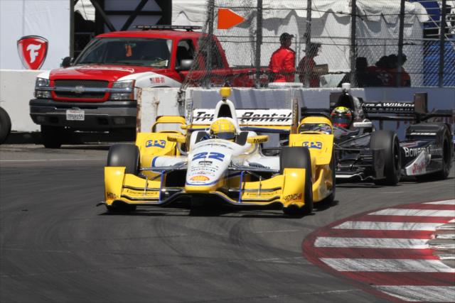 Simon Pagenaud and Gabby Chaves go nose-to-tail entering Turn 10 during practice for the Toyota Grand Prix of Long Beach -- Photo by: Richard Dowdy