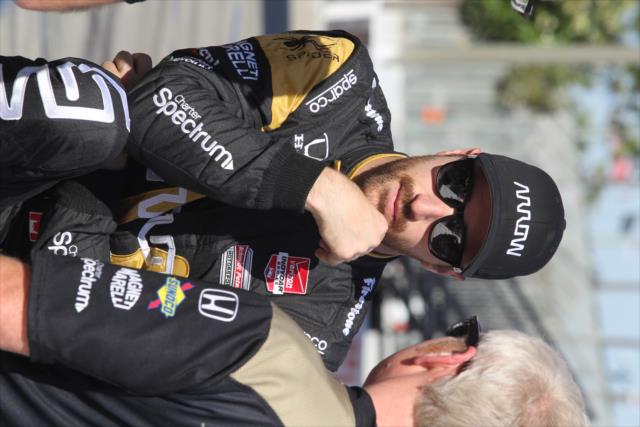 James Hinchcliffe chats with his engineer following practice for the Toyota Grand Prix of Long Beach -- Photo by: Richard Dowdy