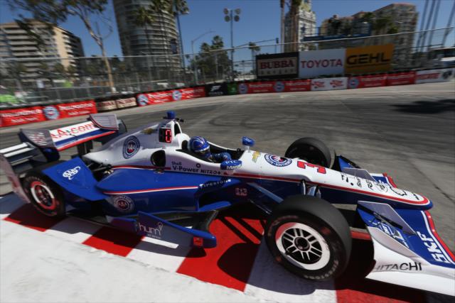 Helio Castroneves navigates the Turn 11 hairpin during practice for the Toyota Grand Prix of Long Beach -- Photo by: Chris Jones