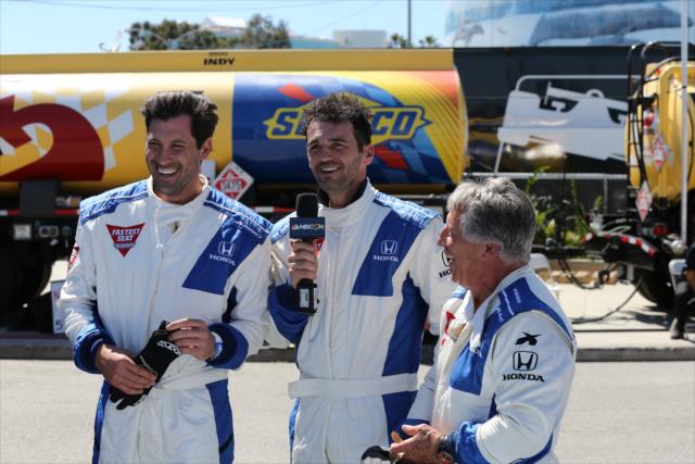 Maksim Chmerkovsky and Tony Dovolani from Dancing With the Stars interview Mario Andretti following their two-seater ride around the Streets of Long Beach -- Photo by: Chris Jones