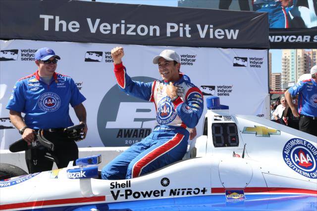 Helio Castroneves celebrates winning the Verizon P1 Award for winning the pole for the Toyota Grand Prix of Long Beach -- Photo by: Chris Jones