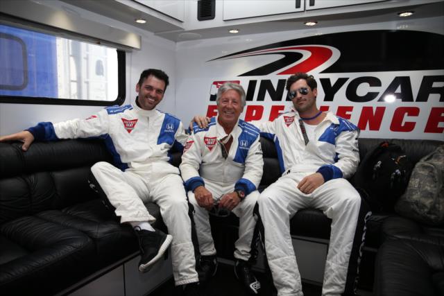 Maksim Chmerkovsky and Tony Dovolani from Dancing With the Stars with Mario Andretti prior to their two-seater ride around the Streets of Long Beach -- Photo by: Chris Jones