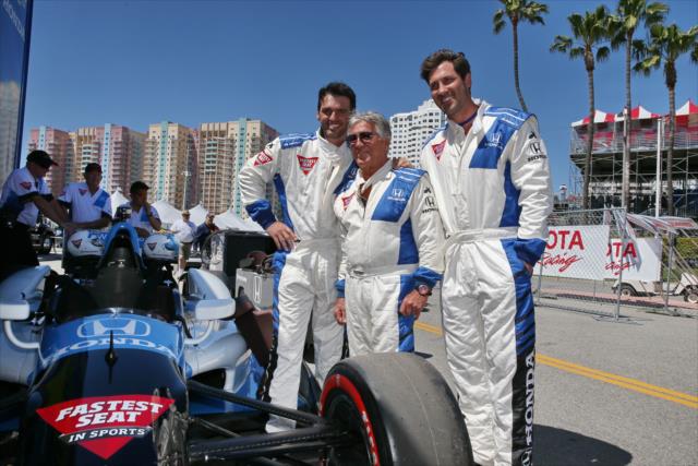 Maksim Chmerkovsky and Tony Dovolani from Dancing With the Stars pose with Mario Andretti prior to their two-seater ride on the Streets of Long Beach -- Photo by: Chris Jones