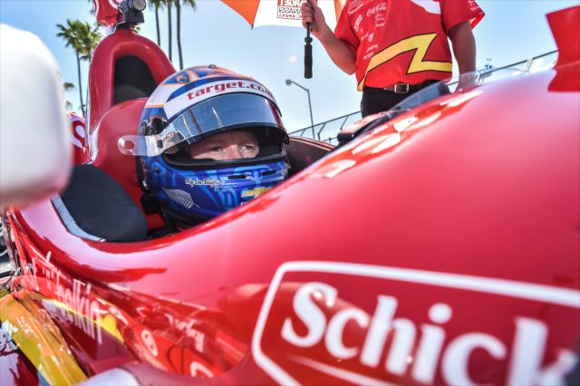 Scott Dixon is strapped into his No. 9 Target Chevrolet prior to qualifications for the Toyota Grand Prix of Long Beach -- Photo by: Chris Owens