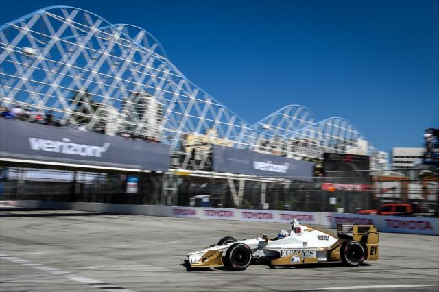 Josef Newgarden dives into Turn 1 during practice for the Toyota Grand Prix of Long Beach -- Photo by: Chris Owens