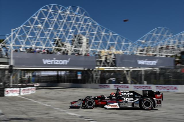 Graham Rahal dives into Turn 1 during practice for the Toyota Grand Prix of Long Beach -- Photo by: Chris Owens