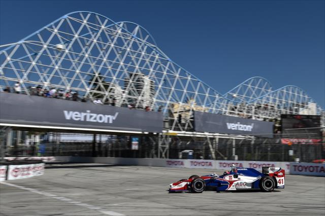 Jack Hawksworth dives into Turn 1 during practice for the Toyota Grand Prix of Long Beach -- Photo by: Chris Owens