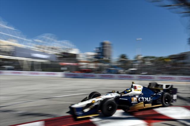 Sebastien Bourdais dives into Turn 1 during practice for the Toyota Grand Prix of Long Beach -- Photo by: Chris Owens
