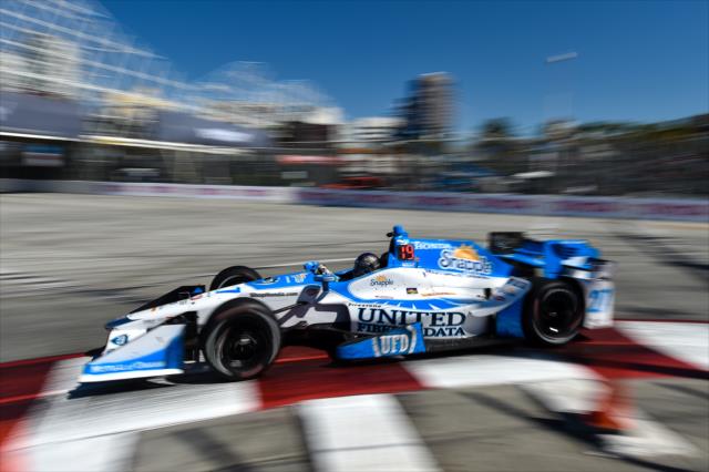 Marco Andretti dives into Turn 1 during practice for the Toyota Grand Prix of Long Beach -- Photo by: Chris Owens
