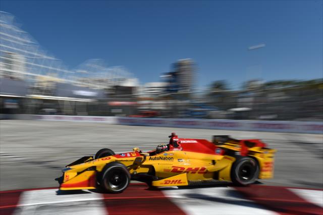 Ryan Hunter-Reay dives into Turn 1 during practice for the Toyota Grand Prix of Long Beach -- Photo by: Chris Owens