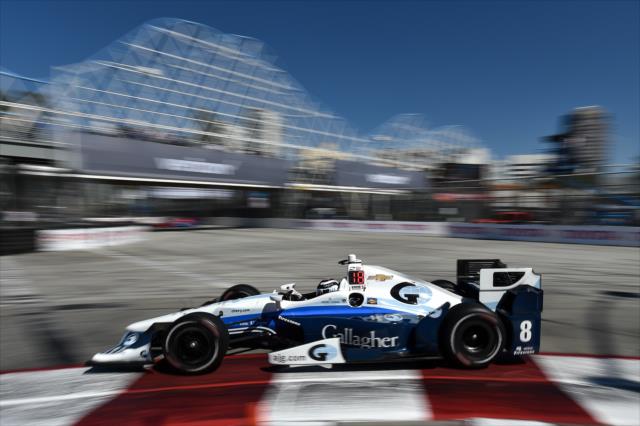 Max Chilton dives into Turn 1 during practice for the Toyota Grand Prix of Long Beach -- Photo by: Chris Owens