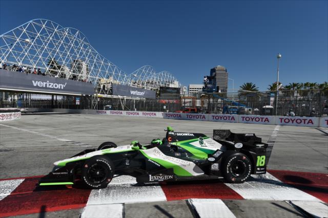Conor Daly dives into Turn 1 during practice for the Toyota Grand Prix of Long Beach -- Photo by: Chris Owens