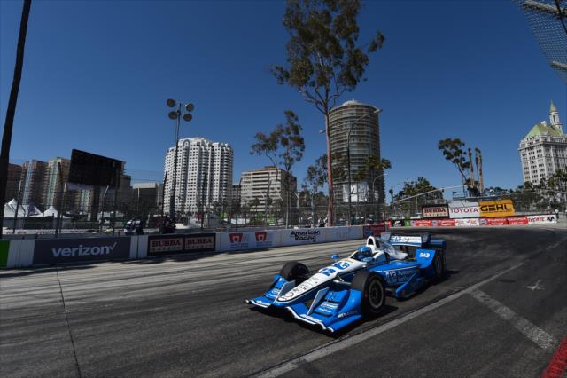 Simon Pagenaud exits the Turn 11 hairpin during qualifications for the Toyota Grand Prix of Long Beach -- Photo by: Chris Owens