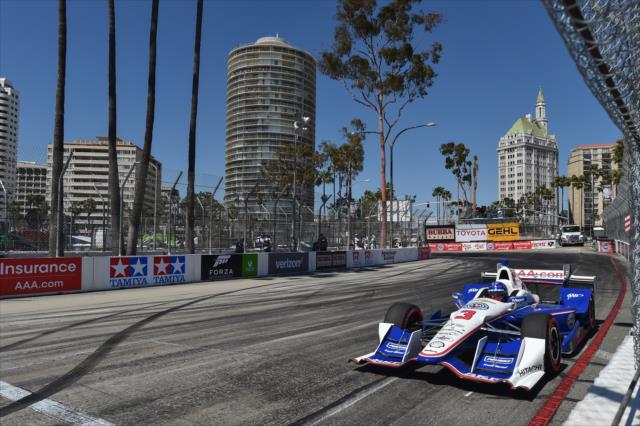 Helio Castroneves exits the Turn 11 hairpin during qualifications for the Toyota Grand Prix of Long Beach -- Photo by: Chris Owens