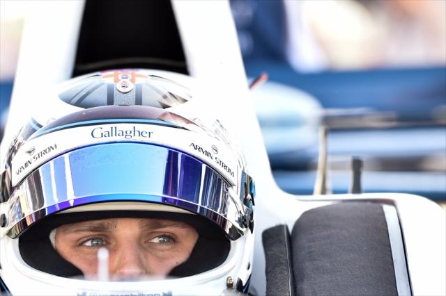 Max Chilton sits in his No. 8 Gallagher Chevrolet prior to qualifications for the Toyota Grand Prix of Long Beach -- Photo by: Chris Owens