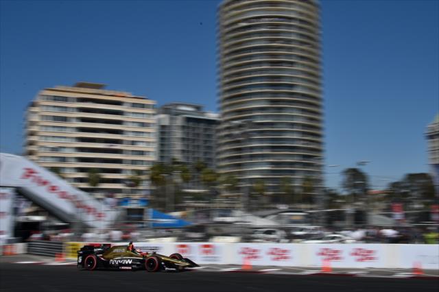 James Hinchcliffe dives into Turn 10 during qualifications for the Toyota Grand Prix of Long Beach -- Photo by: Chris Owens