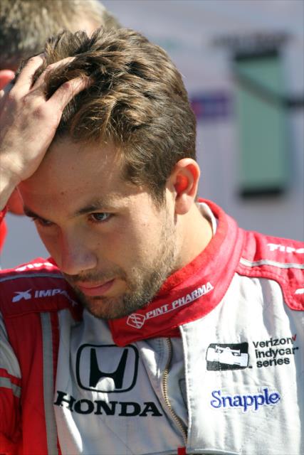 Carlos Munoz exits his machine following practice for the Toyota Grand Prix of Long Beach -- Photo by: Richard Dowdy