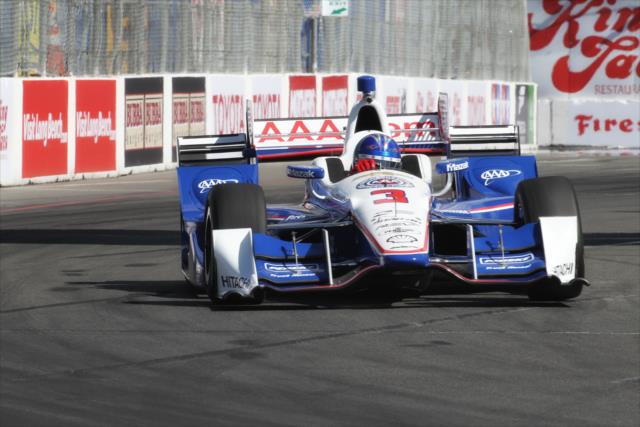 Helio Castroneves sets up for Turn 10 during practice for the Toyota Grand Prix of Long Beach -- Photo by: Richard Dowdy