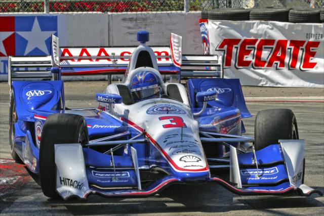 Helio Castroneves navigates the Turn 11 hairpin during qualifications for the Toyota Grand Prix of Long Beach -- Photo by: Richard Dowdy