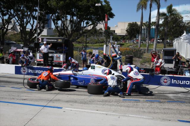 Helio Castroneves comes in for service on pit lane during the Toyota Grand Prix of Long Beach -- Photo by: Chris Jones