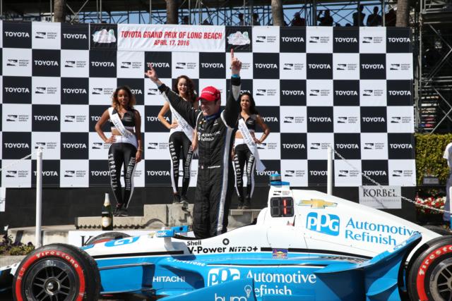 Simon Pagenaud celebrates in Victory Circle after winning the 2016 Toyota Grand Prix of Long Beach -- Photo by: Chris Jones