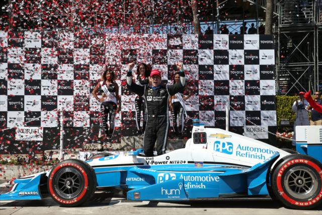 Simon Pagenaud celebrates in Victory Circle following his win in the Toyota Grand Prix of Long Beach -- Photo by: Chris Jones