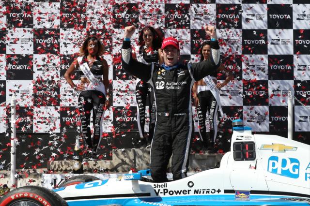 Simon Pagenaud celebrates in Victory Circle following his win in the Toyota Grand Prix of Long Beach -- Photo by: Chris Jones