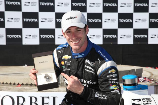 Simon Pagenaud shows his TAG Heuer winner's watch after his victory in the 2016 Toyota Grand Prix of Long Beach -- Photo by: Chris Jones