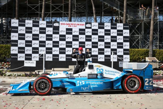 Simon Pagenaud celebrates in Victory Circle following his win in the 2016 Toyota Grand Prix of Long Beach -- Photo by: Chris Jones