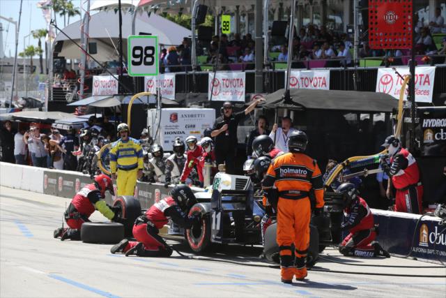 Sebastien Bourdais comes in for service on pit lane during the Toyota Grand Prix of Long Beach -- Photo by: Chris Jones