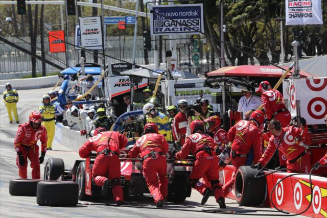 Scott Dixon exits his pit stall following a pit stop during the Toyota Grand Prix of Long Beach -- Photo by: Chris Jones