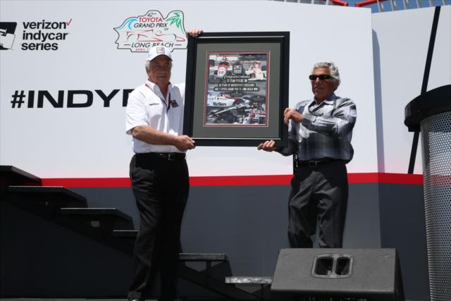 Roger Penske accepts an award on behalf of Team Penske's induction into the Long Beach Motorsports Walk Of Fame during pre-race festivities for the Toyota Grand Prix of Long Beach -- Photo by: Chris Jones