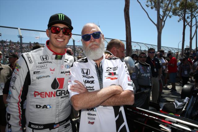 Graham Rahal and Team Co-Owner David Letterman on pit lane during pre-race festivities for the Toyota Grand Prix of Long Beach -- Photo by: Chris Jones
