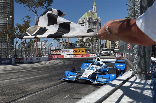 Simon Pagenaud takes the checkered flag following yesterday's qualifications for the Toyota Grand Prix of Long Beach -- Photo by: Chris Owens
