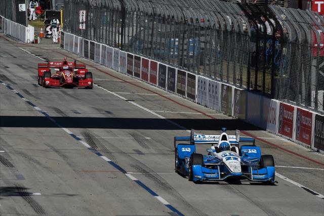 Simon Pagenaud leads Scott Dixon down the frontstretch during the Toyota Grand Prix of Long Beach -- Photo by: Chris Owens