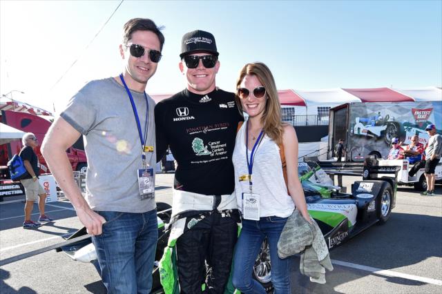 Topher Grace and Ashley Hinshaw with Conor Daly during pre-race festivities for the Toyota Grand Prix of Long Beach -- Photo by: Chris Owens