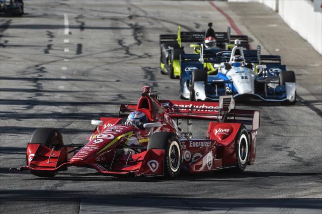 Scott Dixon leads teammates Max Chilton and Charlie Kimball into Turn 9 during the Toyota Grand Prix of Long Beach -- Photo by: Chris Owens