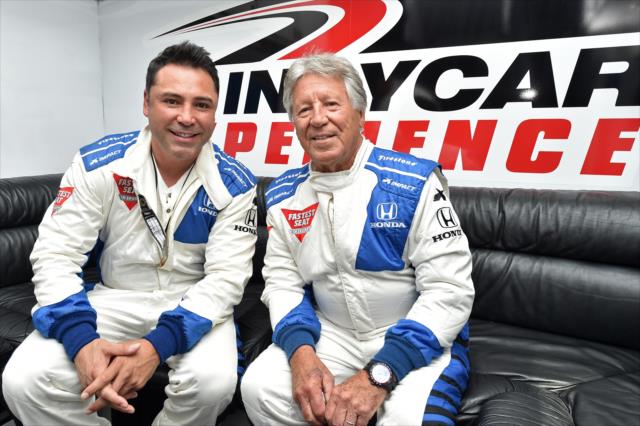 Oscar De La Hoya and Mario Andretti prior to their two-seater ride on the Streets of Long Beach -- Photo by: Chris Owens