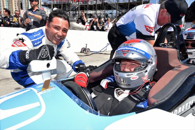 Oscar De La Hoya and Mario Andretti following their two-seater ride on the Streets of Long Beach -- Photo by: Chris Owens