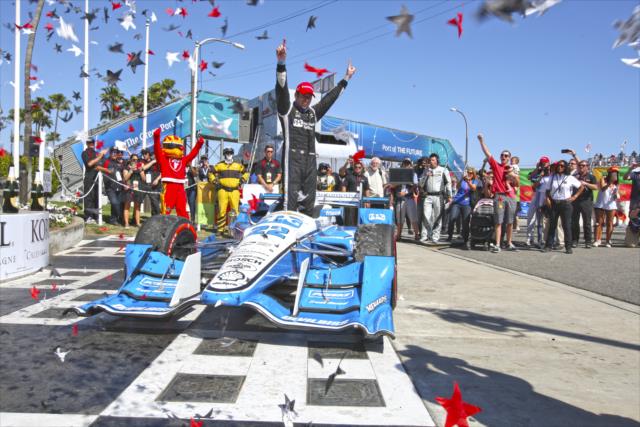 Simon Pagenaud celebrates in Victory Circle after winning the 2016 Toyota Grand Prix of Long Beach -- Photo by: Richard Dowdy