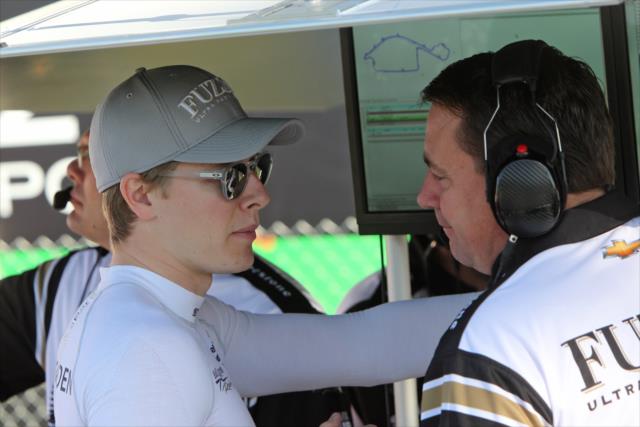 Josef Newgarden chats with his engineering team prior to the final warmup for the Toyota Grand Prix of Long Beach -- Photo by: Richard Dowdy