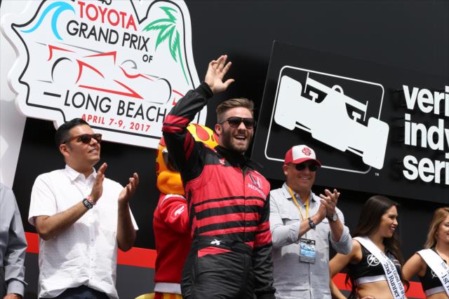 New England Patriots wide receiver Julian Edelman is announced to the crowd during pre-race festivities for the Toyota Grand Prix of Long Beach -- Photo by: Chris Jones