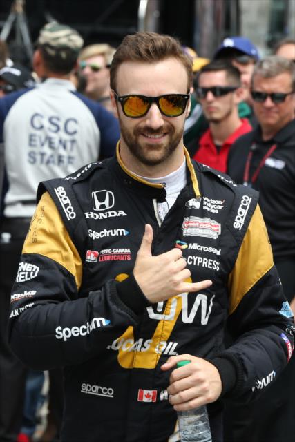 James Hinchcliffe with a light momemt during pre-race festivities for the Toyota Grand Prix of Long Beach -- Photo by: Chris Jones