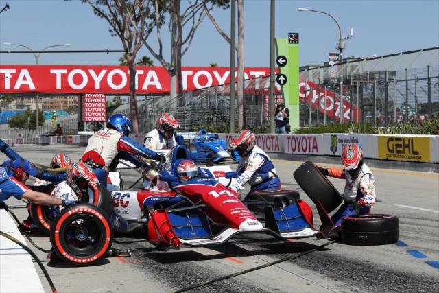 Carlos Munoz comes in for tires and fuel on pit lane during the Toyota Grand Prix of Long Beach -- Photo by: Chris Jones