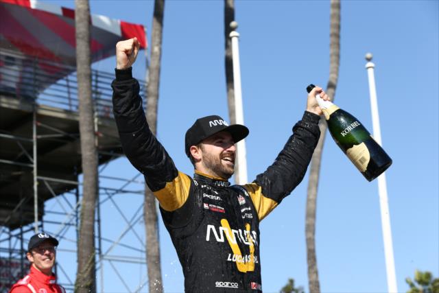 James Hinchcliffe celebrates in Victory Lane after winning the Toyota Grand Prix of Long Beach -- Photo by: Chris Jones