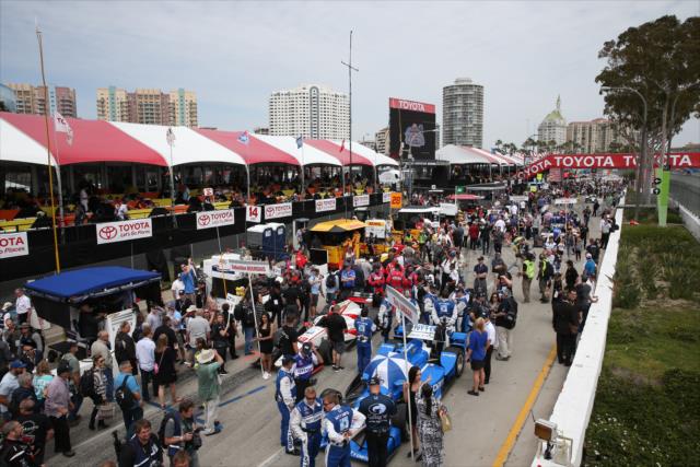 Pit lane comes to life during pre-race festivities for the Toyota Grand Prix of Long Beach -- Photo by: Chris Jones