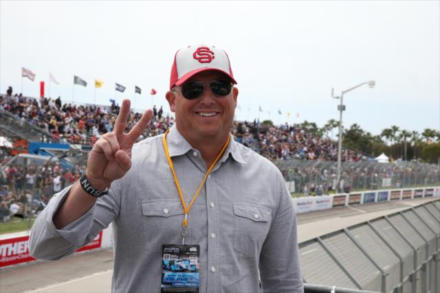 University of Southern California head football coach Clay Helton ready to give the command to start engines for the Toyota Grand Prix of Long Beach -- Photo by: Chris Jones
